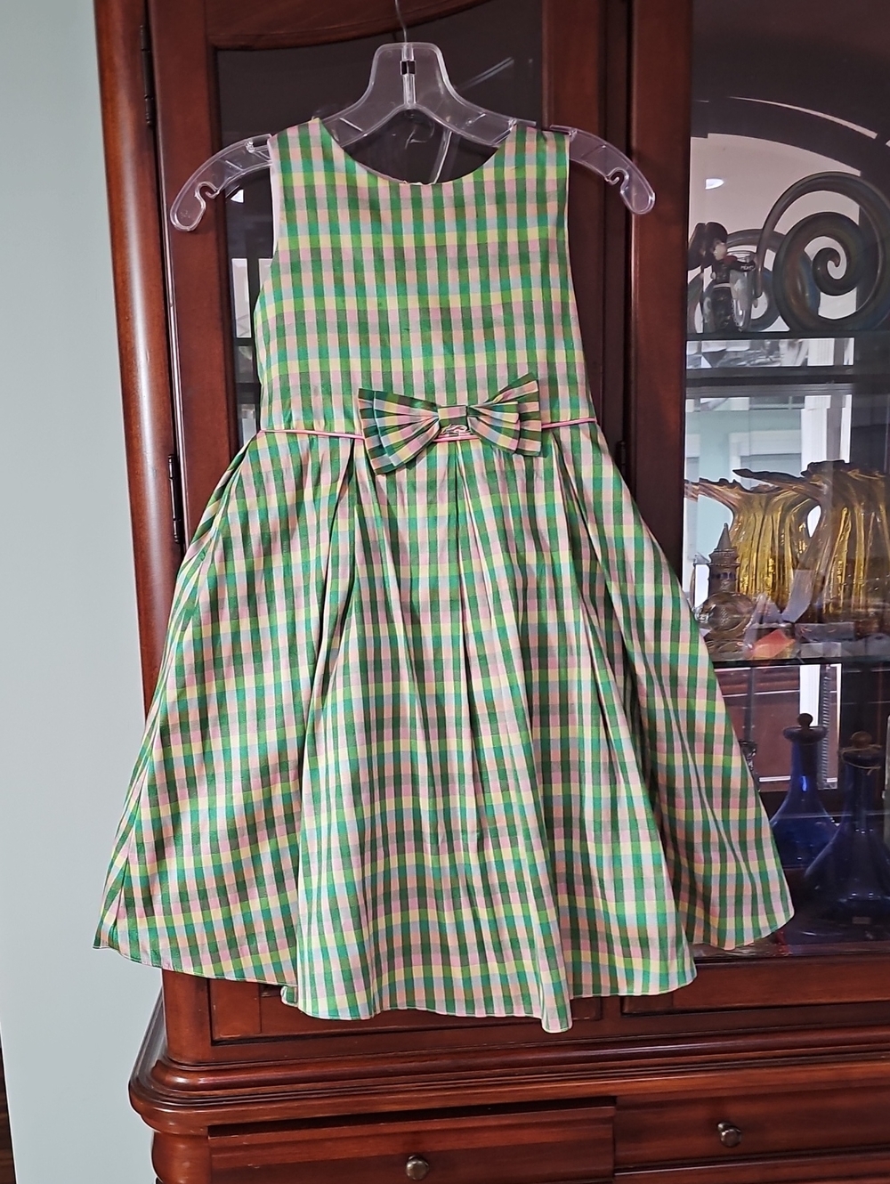 Ellie  Plaid Sleeveless Party Dress with Waist Bow Green Pink Lilac Sz 8 New